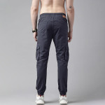 Men Navy Blue Solid Mid-Rise Woven Pure Cotten Cargo Trousers